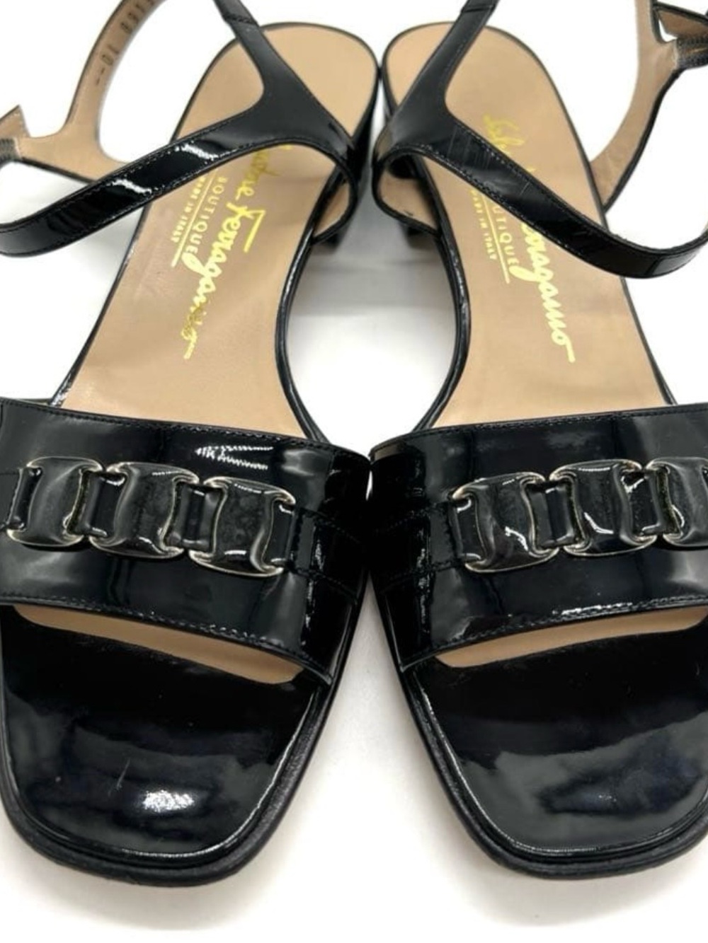 Salvatore Ferragamo Boutique Black Patent Leather Ankle Strap Sandals